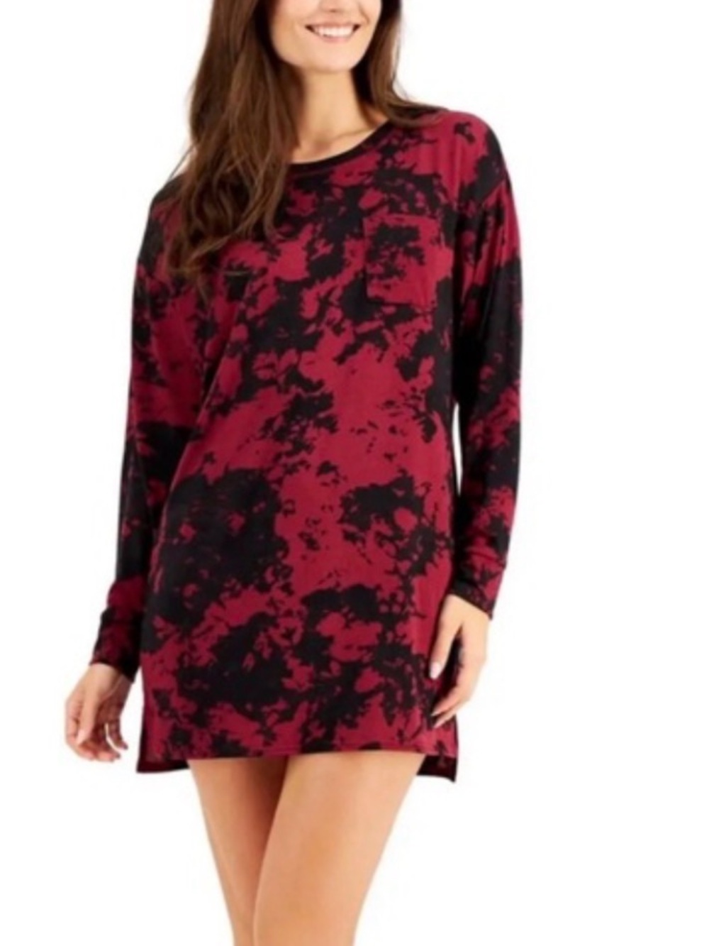 Jenni Intimates Burgundy & Black Tie-Dye Long Sleeve Shift Tunic